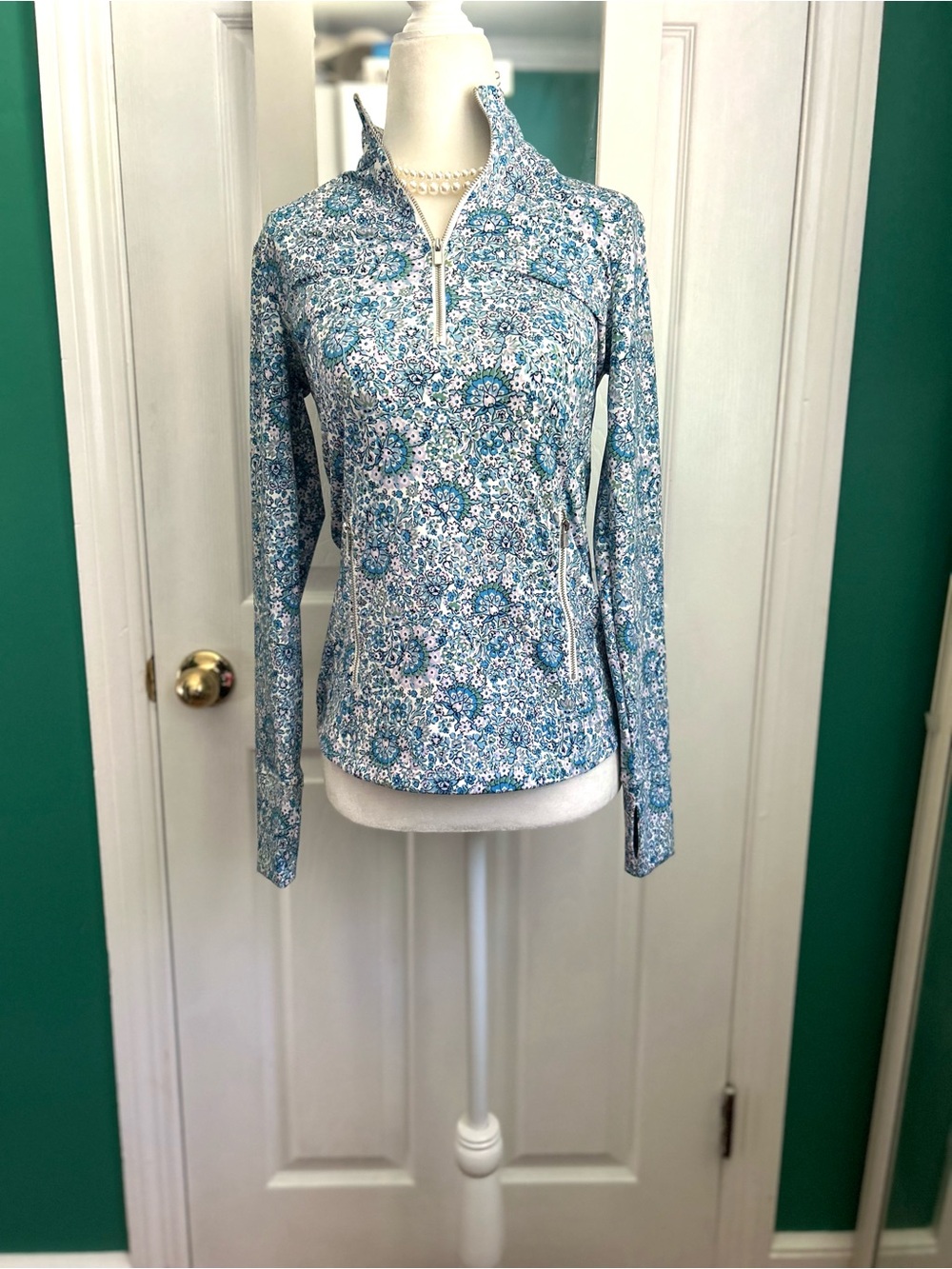 Laura Ashley Blue Tiny Floral Quarter-Zip UPF Pullover XS NWT